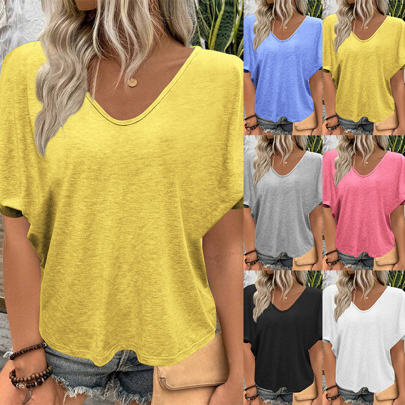 Women's Ruched V-Neck Short Sleeve T-Shirt Candy Color Loose Casual