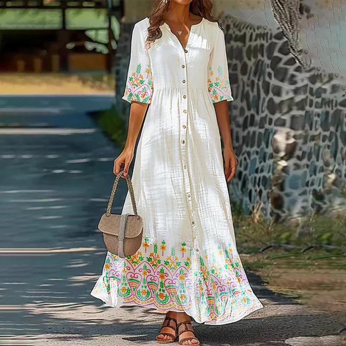 Women's Half-Sleeve Digital Print Button Long Dress