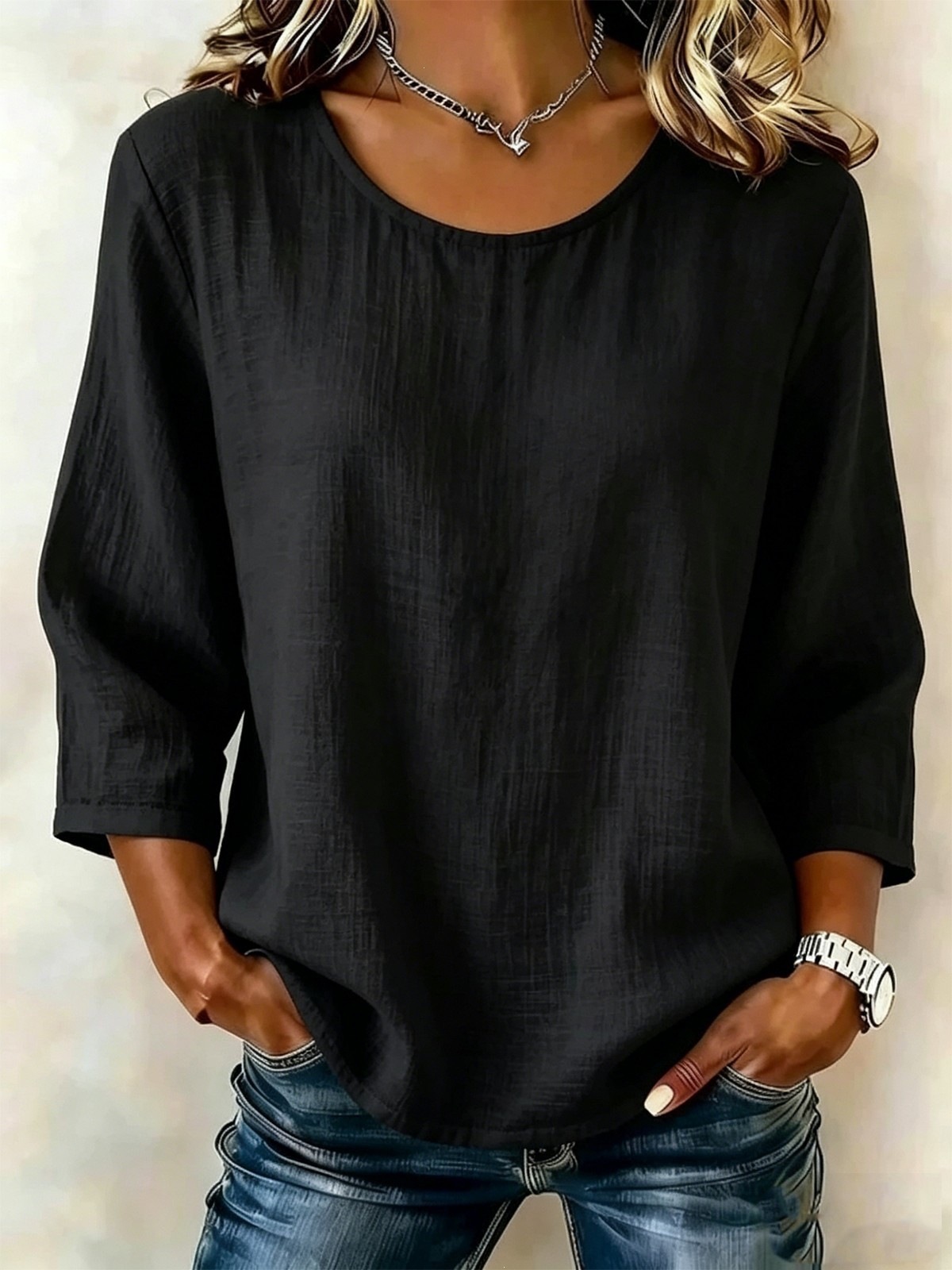 Women's Solid Crewneck Nine-Sleeve Loose Casual Top