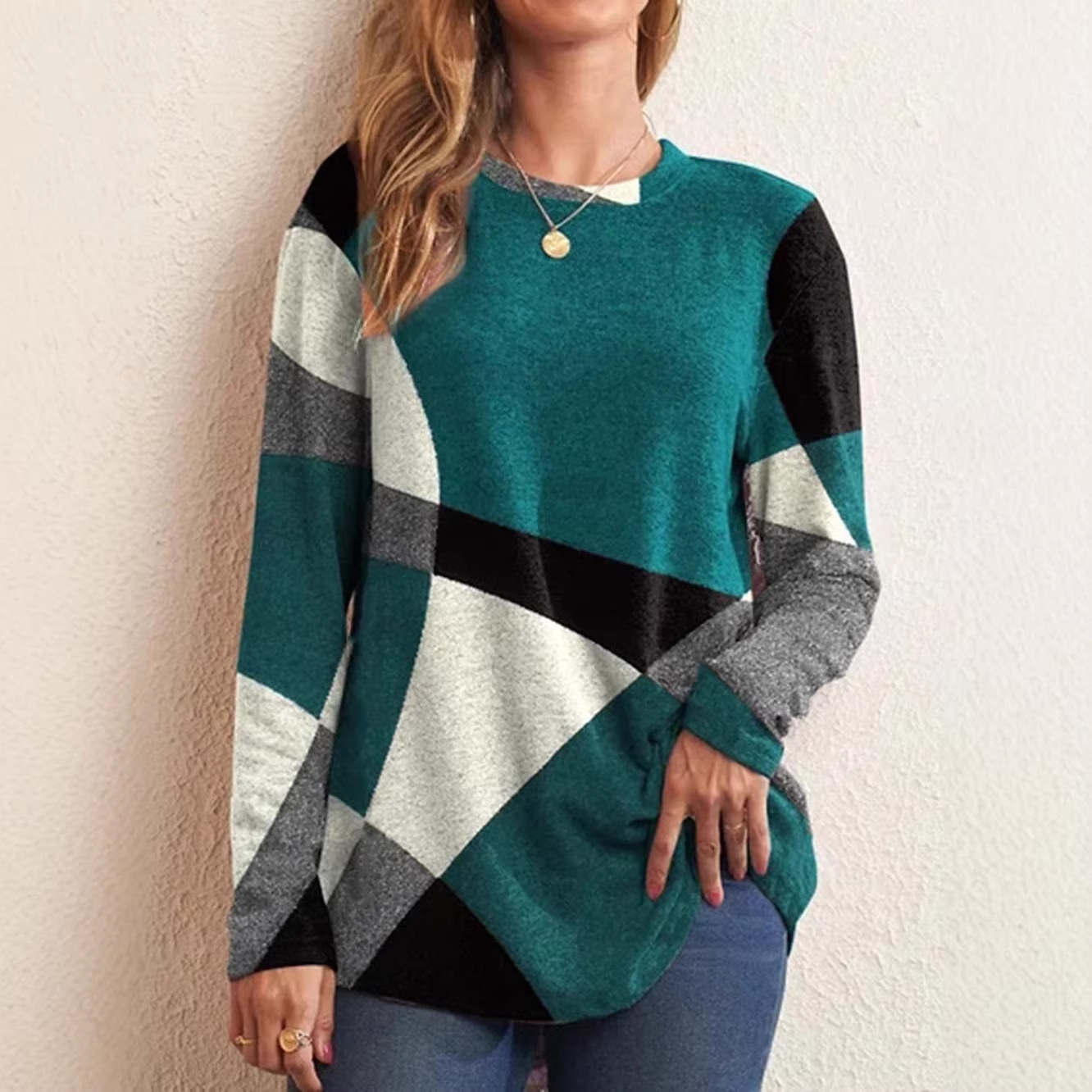Women's Geometric Colorblock Long Sleeve Crewneck Loose Plus Size T-Shirt