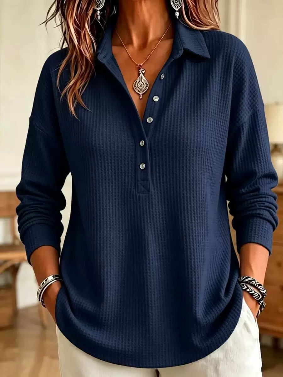 Women's Waffle Knit Collared Long Sleeve T-Shirt Loose Casual Pullover Top