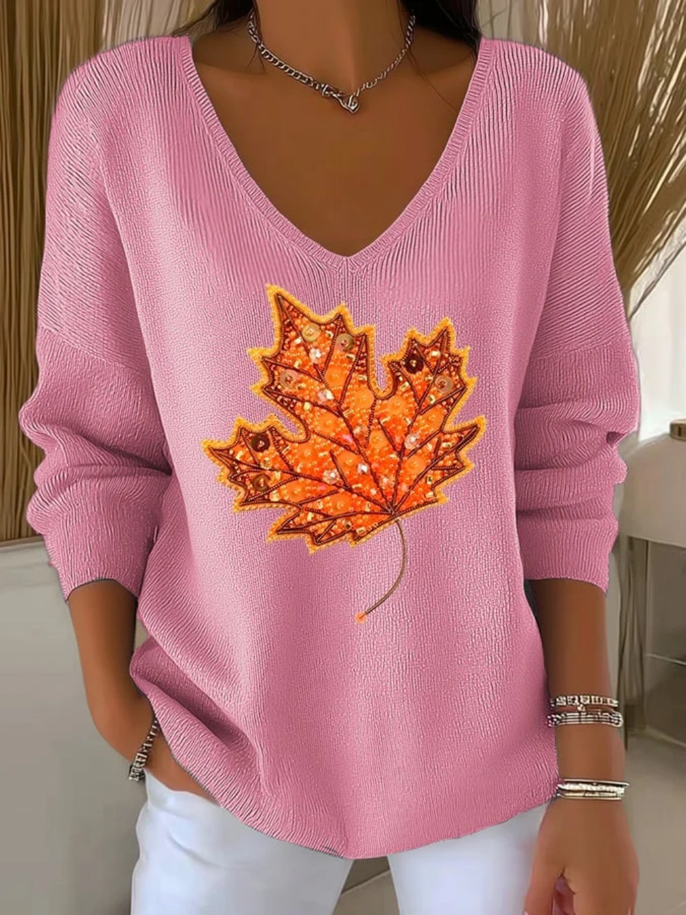 Maple Leaf Print V-Neck Long Sleeve T-Shirt