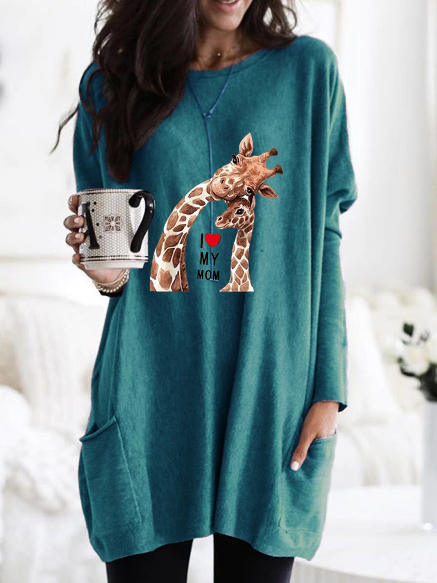 Women's Giraffe Print Long Sleeve Crew Neck Loose T-Shirt