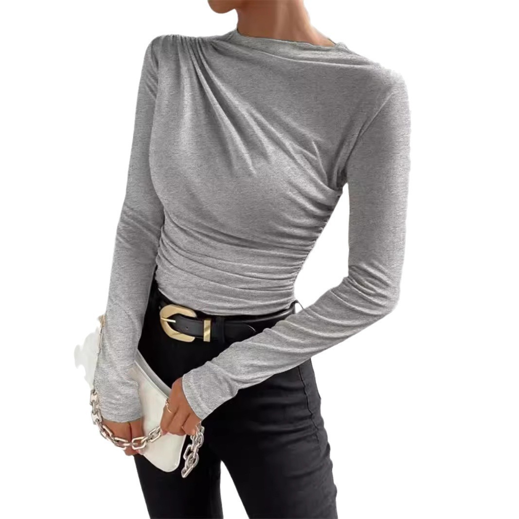 Women's Solid Color Slim Fit Pleated Long Sleeve Top