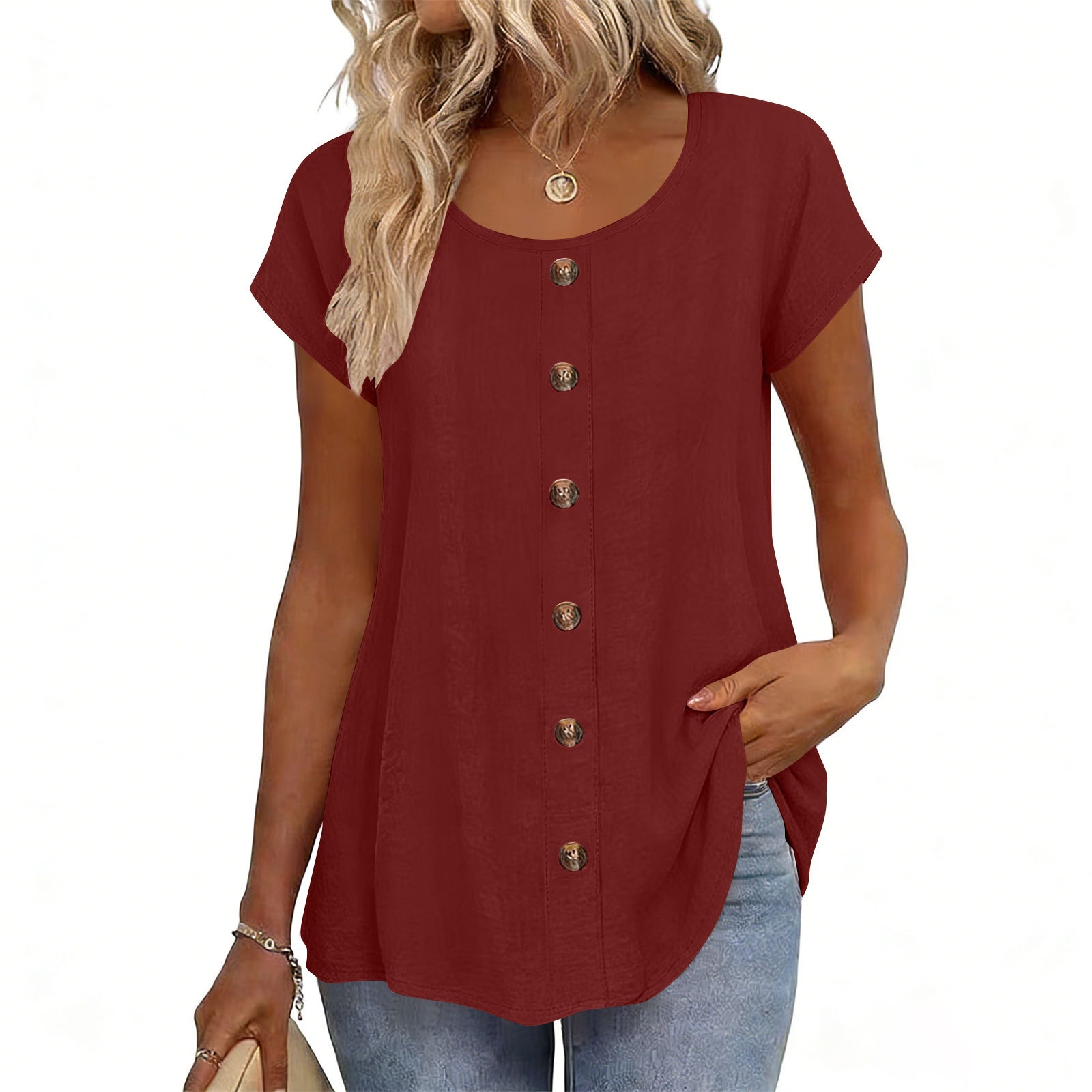 Elegant Button-Trim Solid Short-Sleeve Crewneck T-Shirt