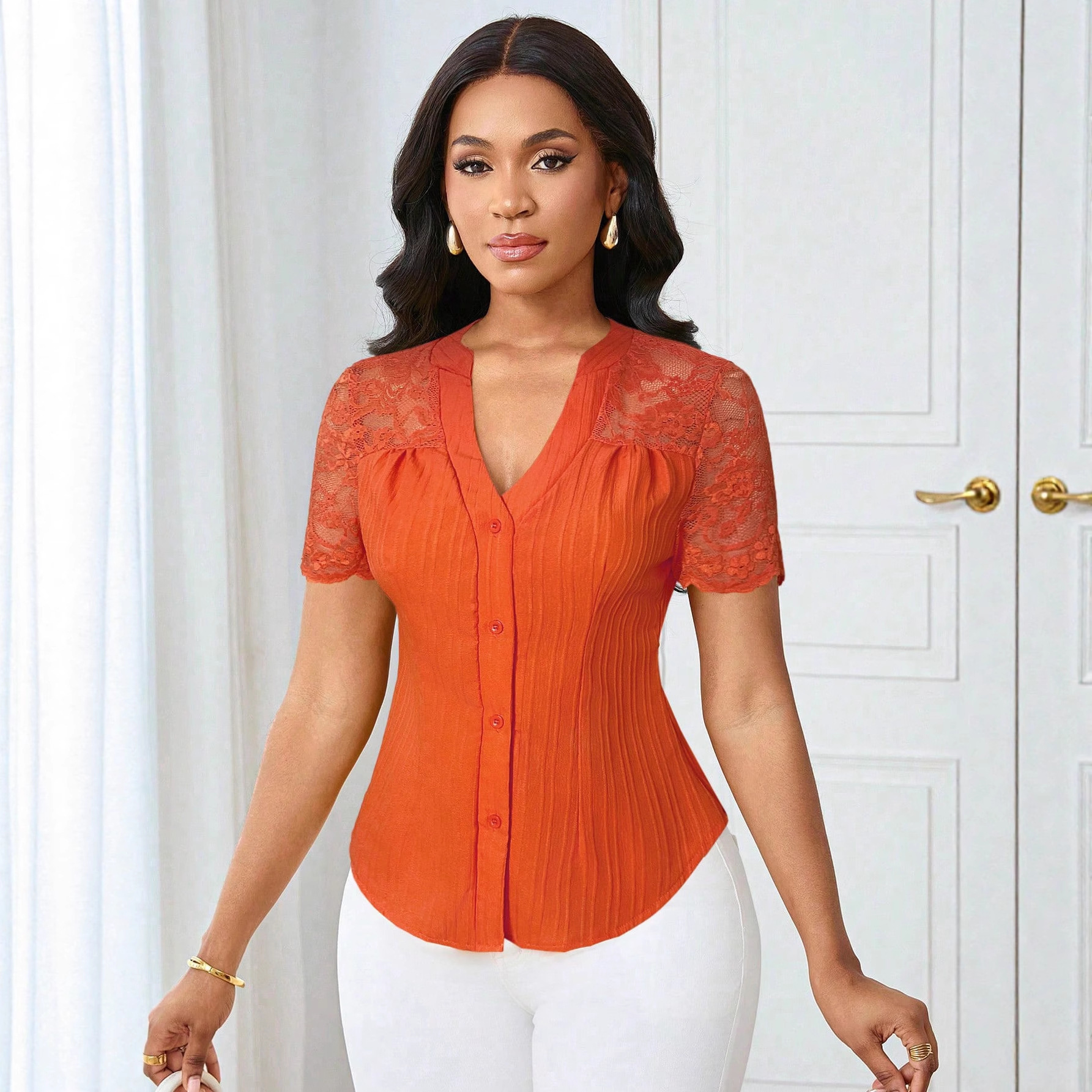 Women's Lace-Trim V-Neck Short-Sleeve Blouse with Pleats and Curved Hem