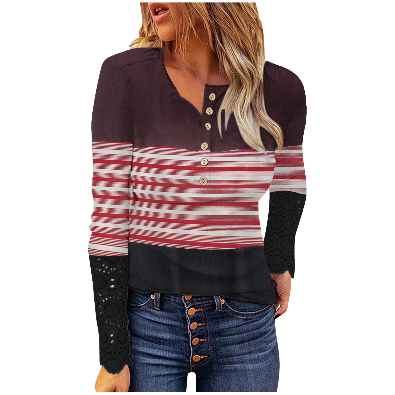 Lace Spliced Long Sleeve Ribbed Slim Fit Button Print Women's T-Shirt