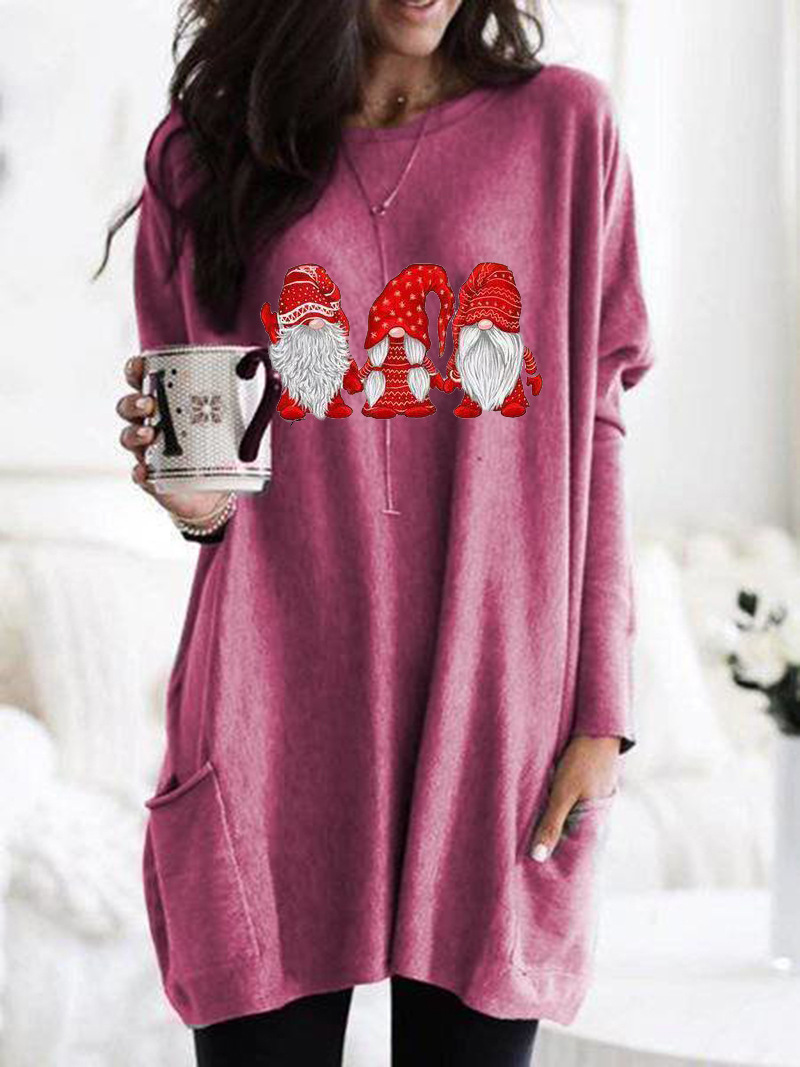 Santa Print Long Sleeve Round Neck Pocket Dress