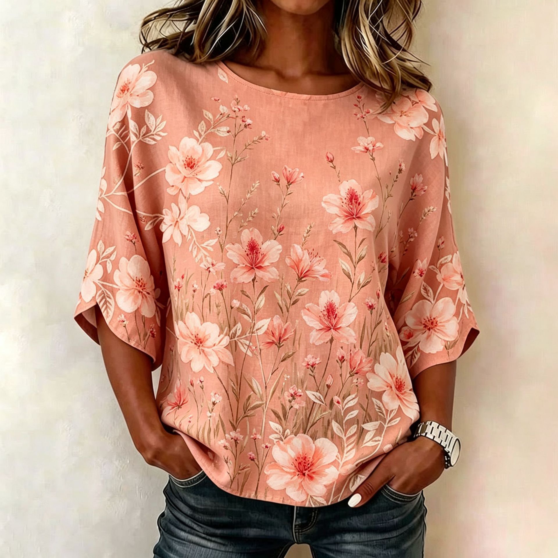 Floral Plaid Print Mid-Sleeve Women's Top
