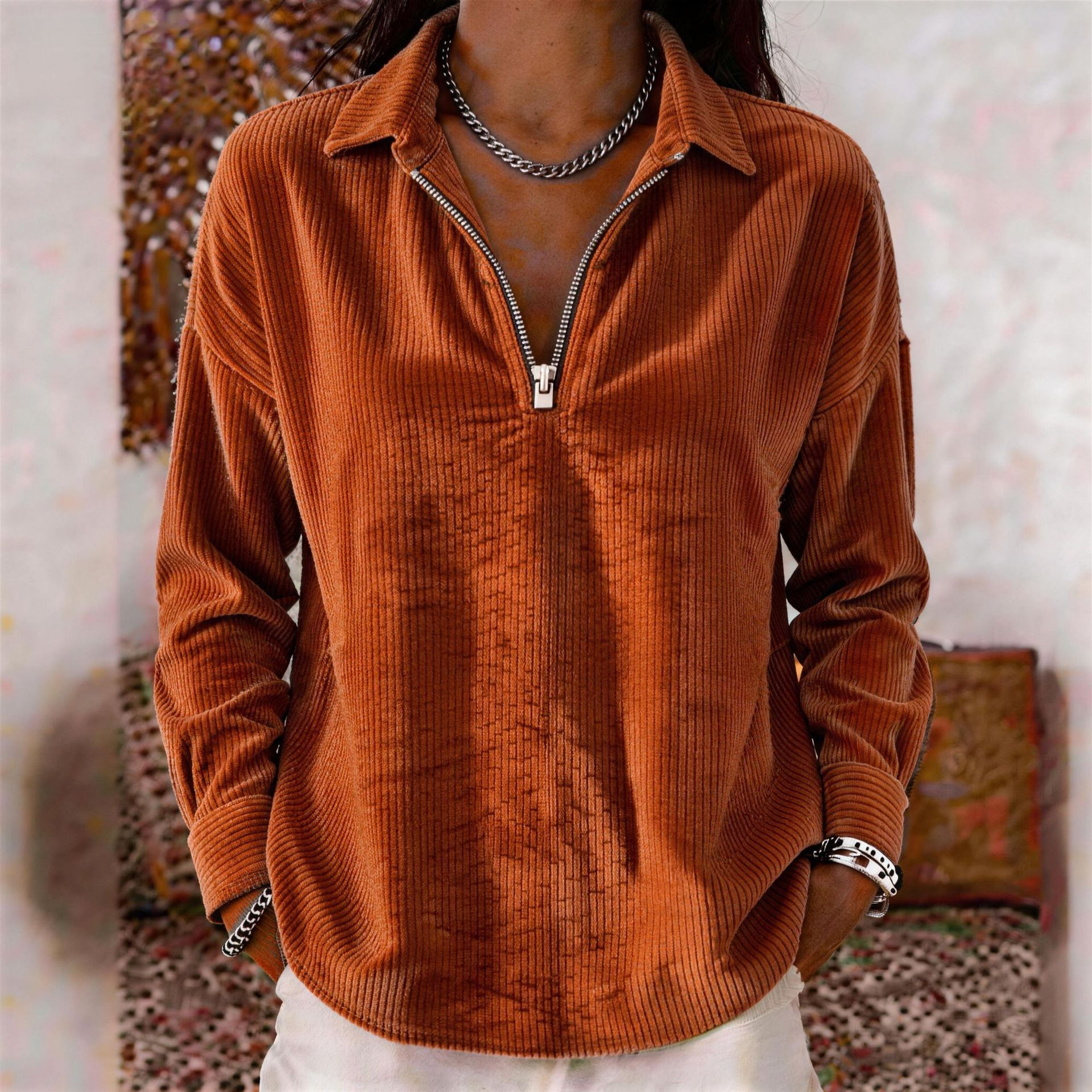 Corduroy Long-Sleeve Loose Collared Top
