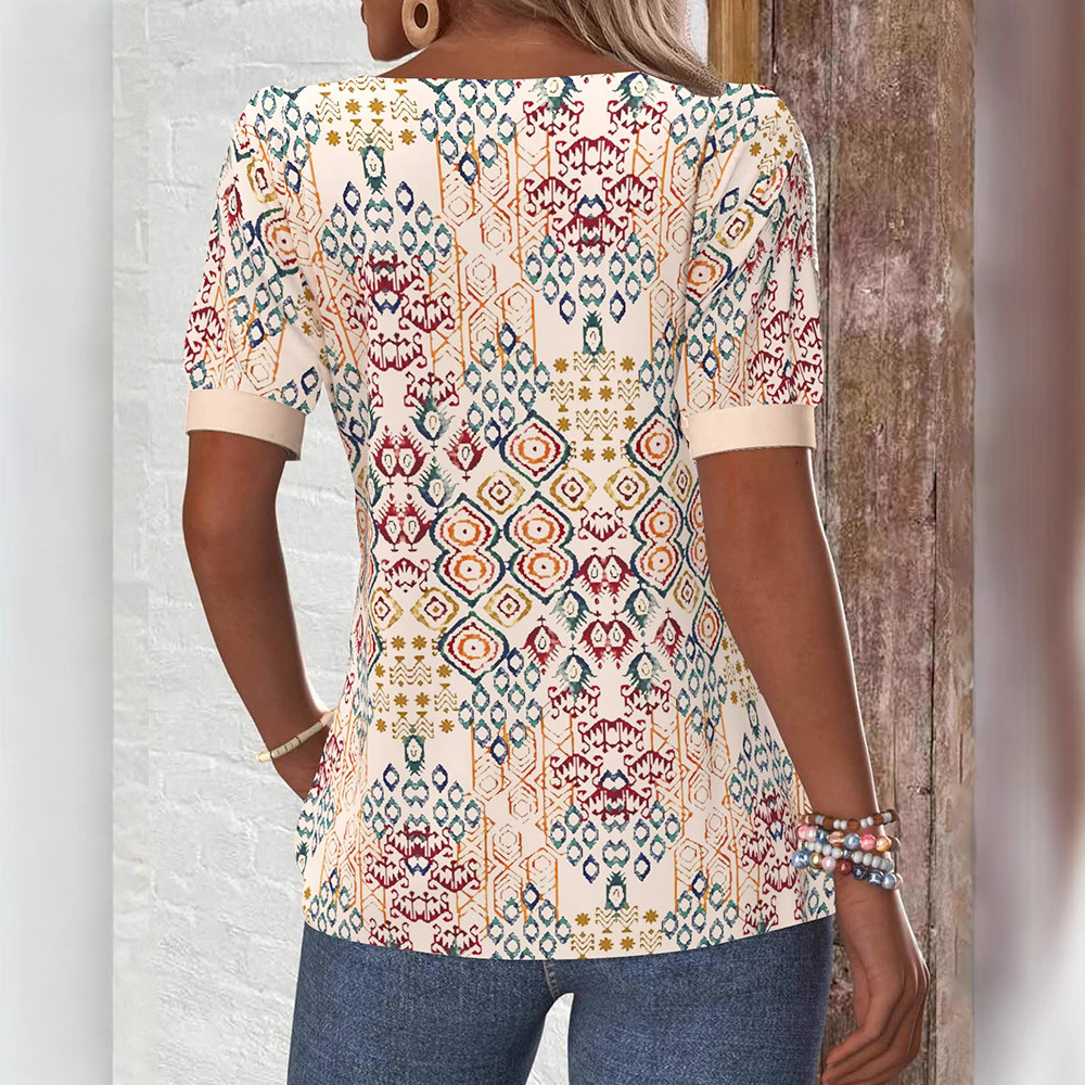 Elegant Asymmetric Neck Short Sleeve Button Print T-Shirt Top for Women