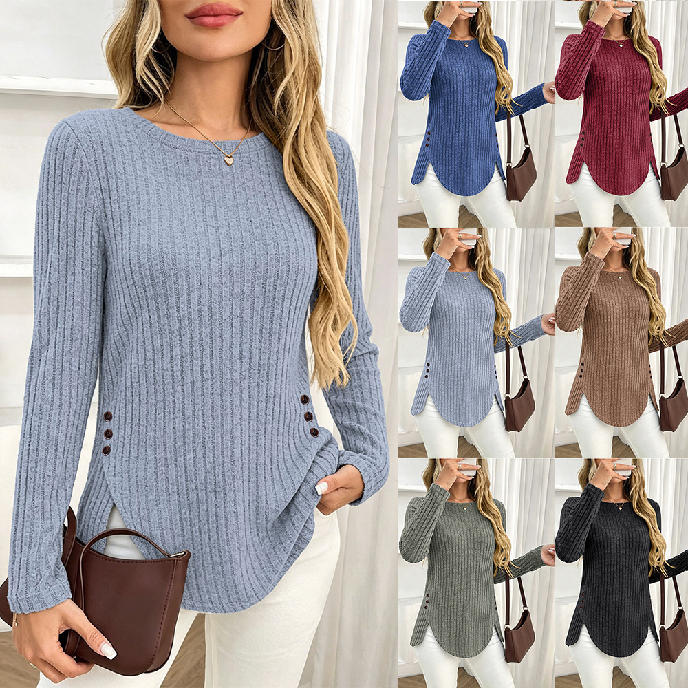 Women's Ribbed Brushed Crewneck Long-Sleeve Button T-Shirt