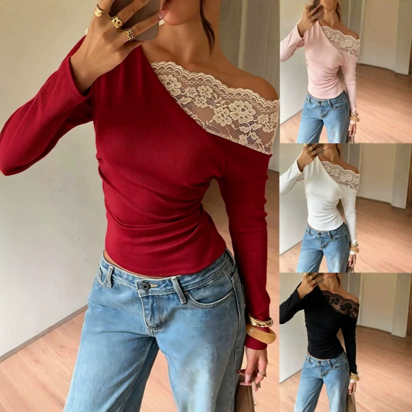 French Lace Panel One-Shoulder Long-Sleeve Fitted Top