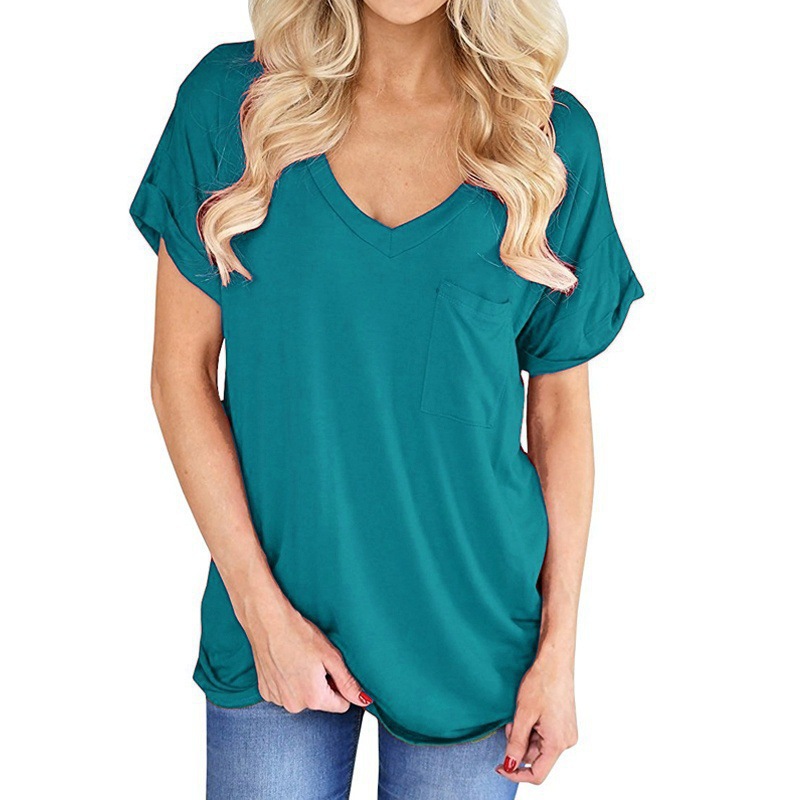 Women's Simple Pocket Short Sleeve V-Neck T-Shirt