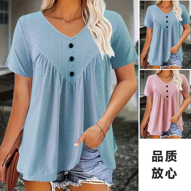 Button-Design Short Fringe T-Shirt Casual Loose Fit