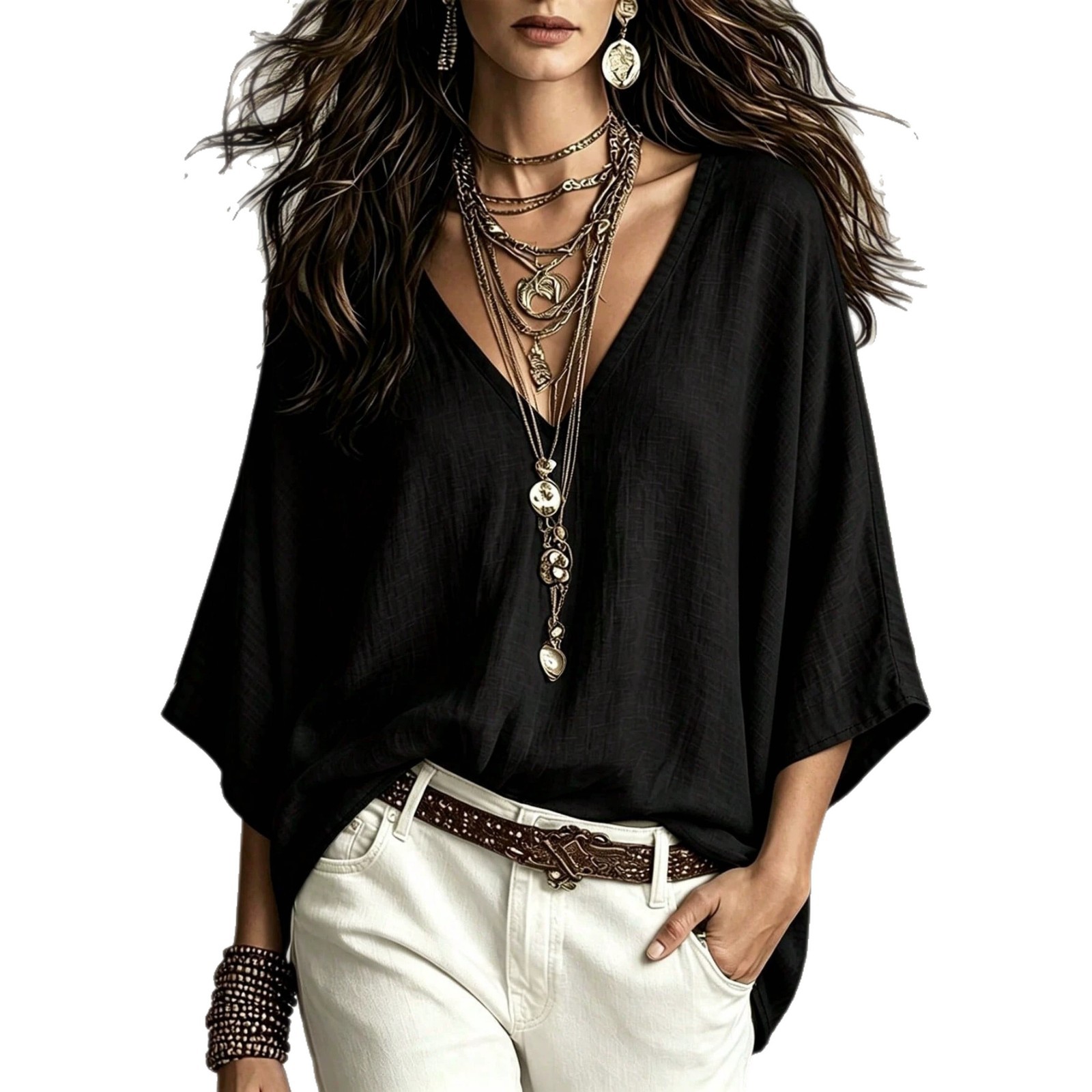 V-Neck 3/4 Sleeve Loose Linen Cotton Casual Women's Top