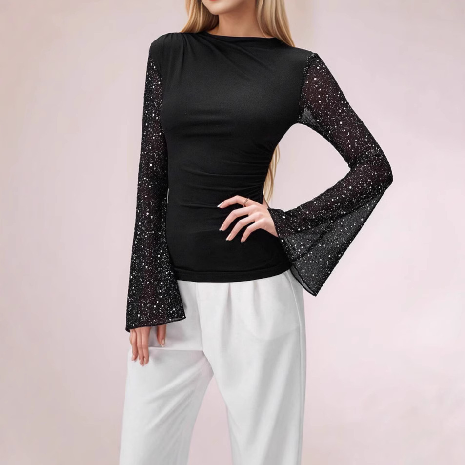 Women's Long Sleeve Silver Sequin Mesh T-Shirt