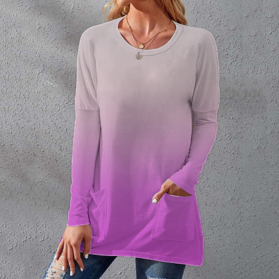 Women's Gradient Crewneck Long-Sleeve Tunic T-Shirt with Pockets