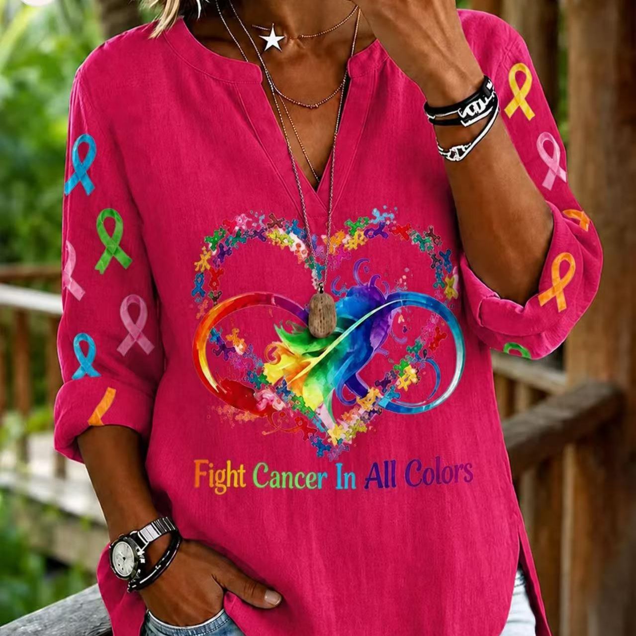 Heart Virus Hope Print V-Neck Half-Sleeve Women's T-Shirt