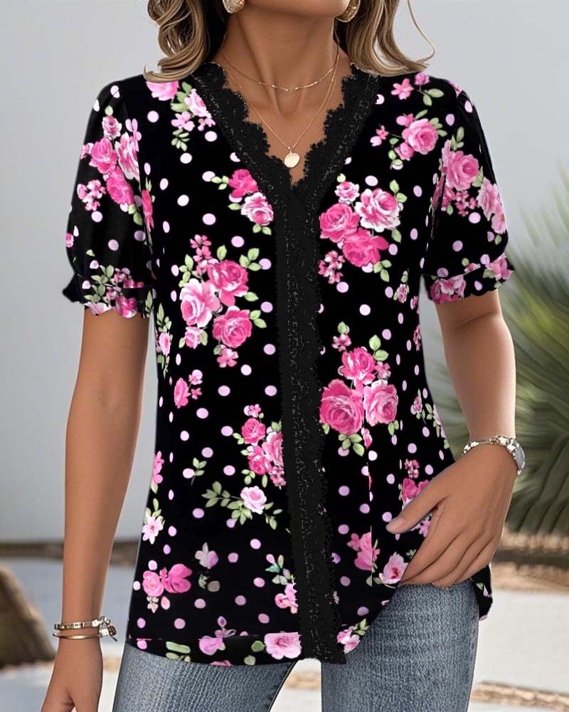 Women's Printed V-Neck Short Sleeve Top