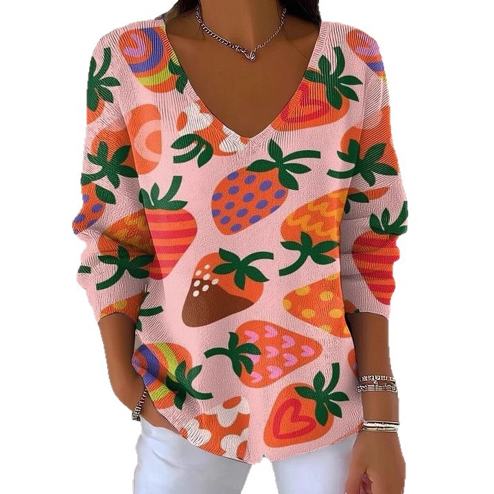 Women's V-Neck Long-Sleeve Floral Heart Strawberry Plaid Print T-Shirt