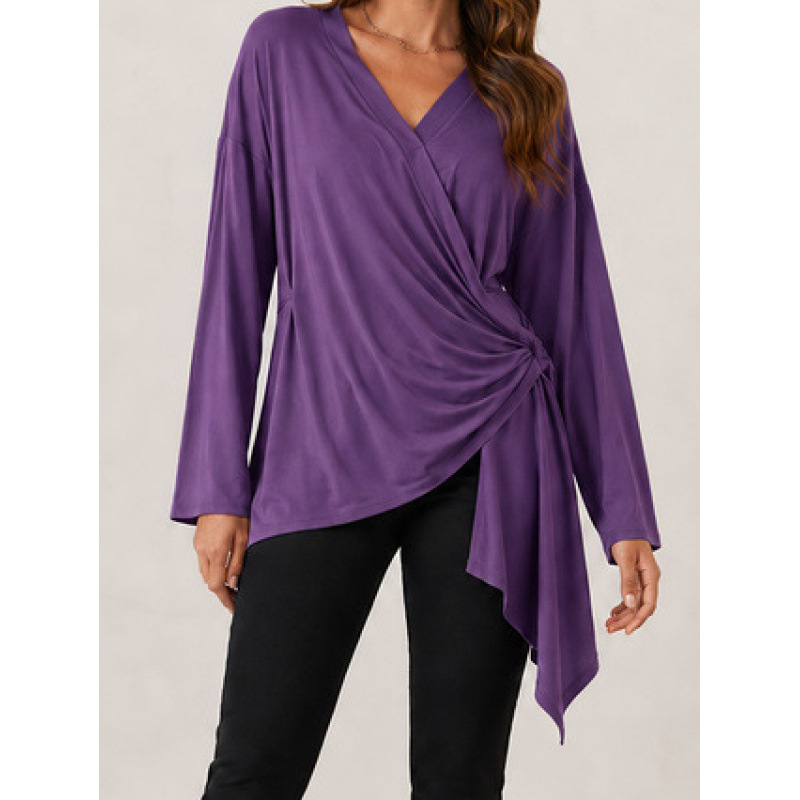 Women's Tie-Front Solid V-Neck Long Sleeve Casual Top