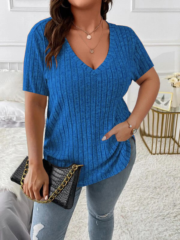 Women's Plus Size Ribbed V-Neck Short Sleeve Top
