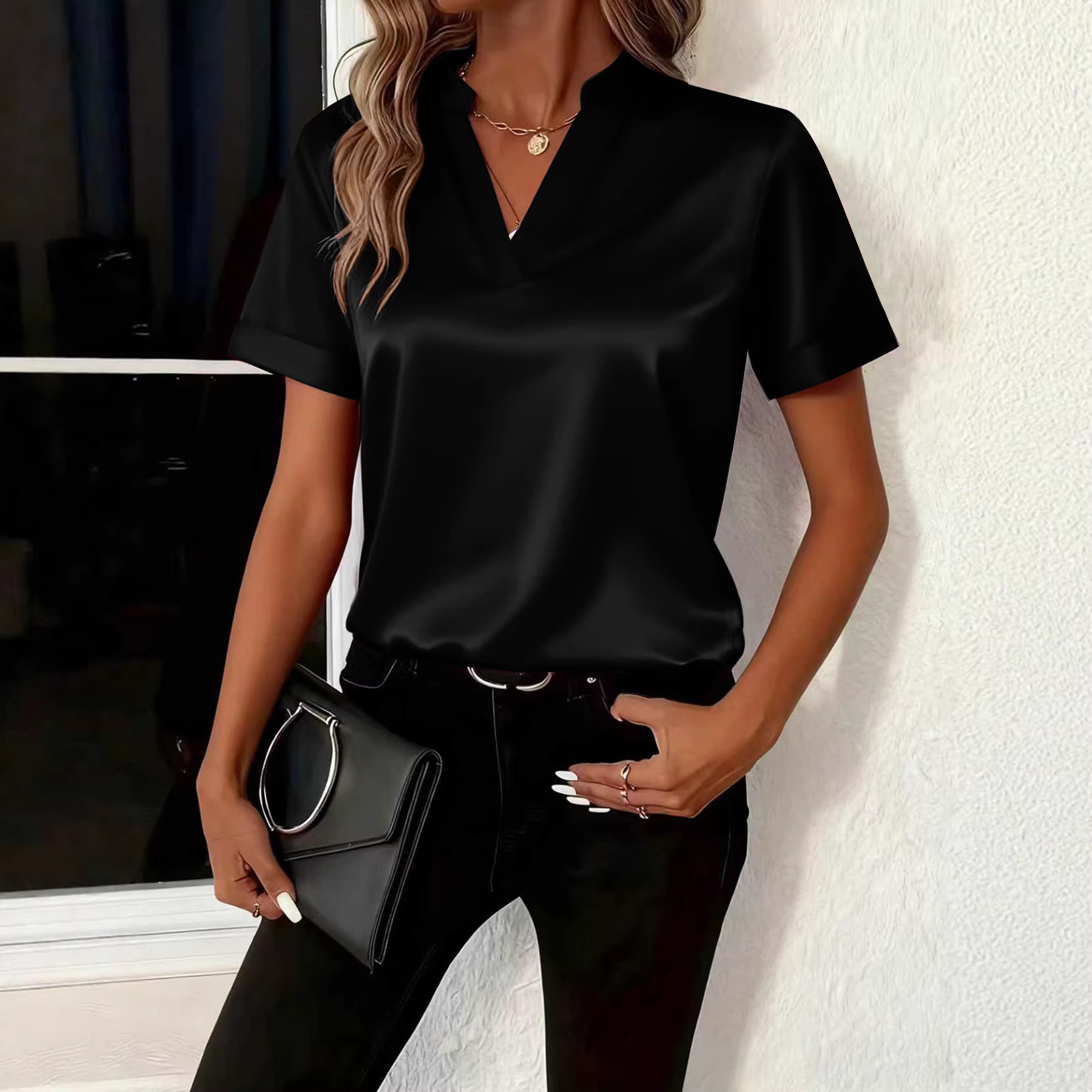 Women's V-Neck Loose Short Sleeve Blouse
