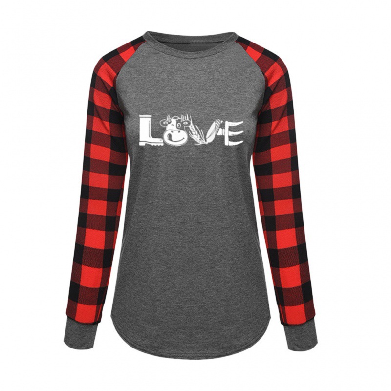 2024 Summer New Cross-Border European and American Women's Clothing Cross-Border European and American Spring and Autumn Plaid Print Round Neck Long Sleeve Top T-Shirt