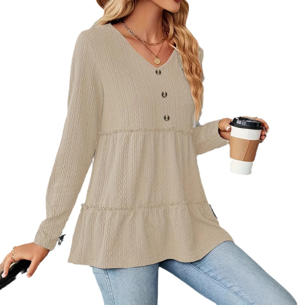 Solid V-Neck Buttoned Loose Long-Sleeve T-Shirt Top