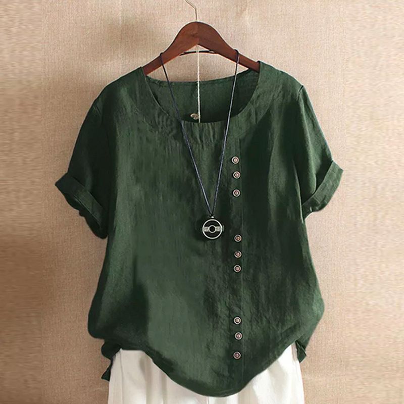 Women's Summer Loose Button Round Neck T-Shirt
