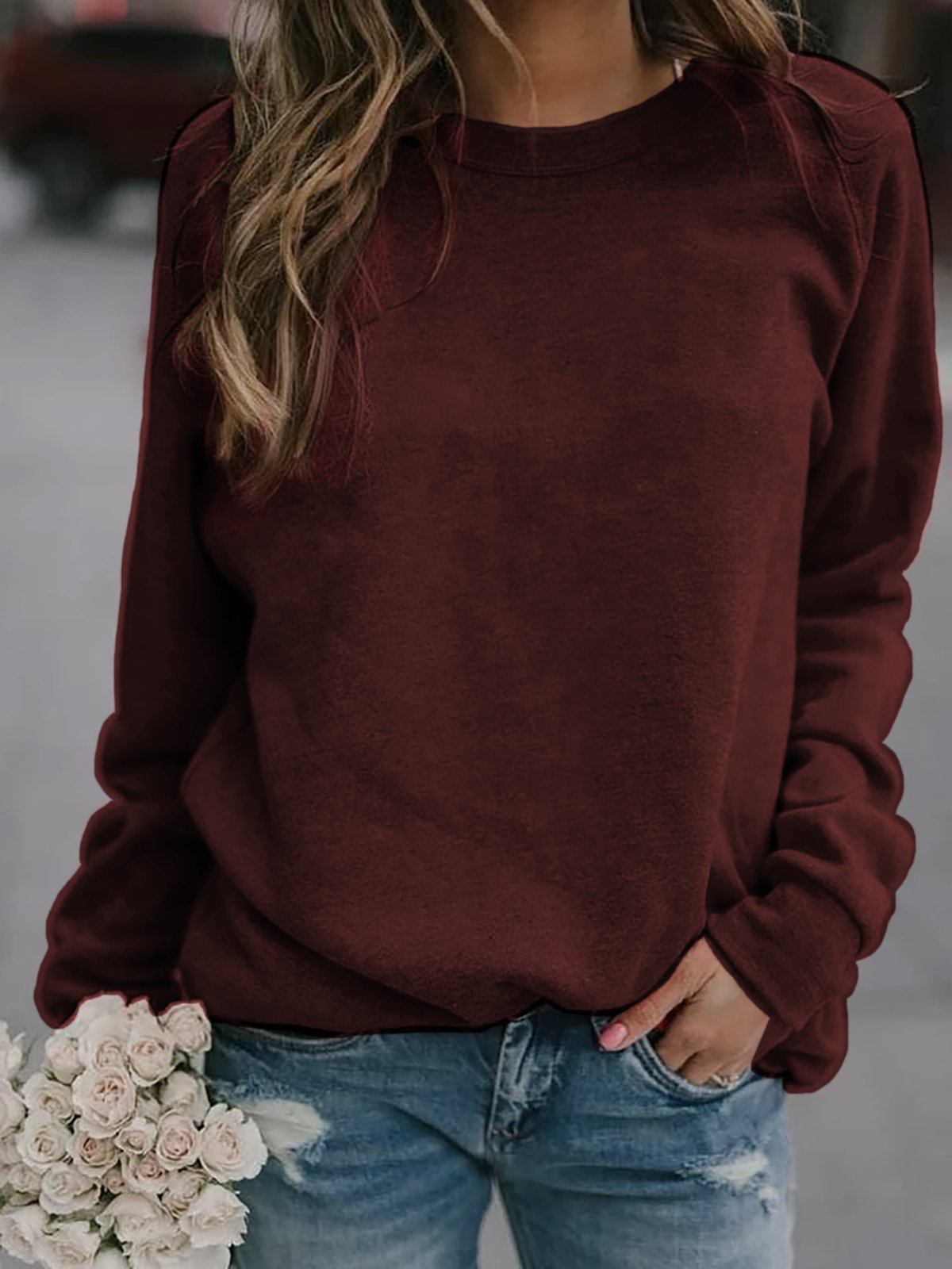 Women's Long Sleeve Crewneck T-Shirt Solid Color Loose Fit Top
