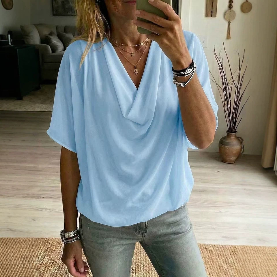 Women's Draped Cowl Neck Batwing Sleeve Solid Top