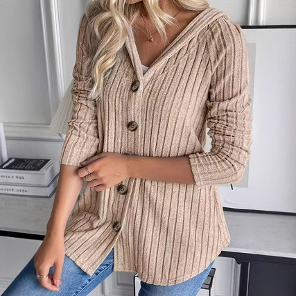 Button Waist Long Sleeve Hooded Top