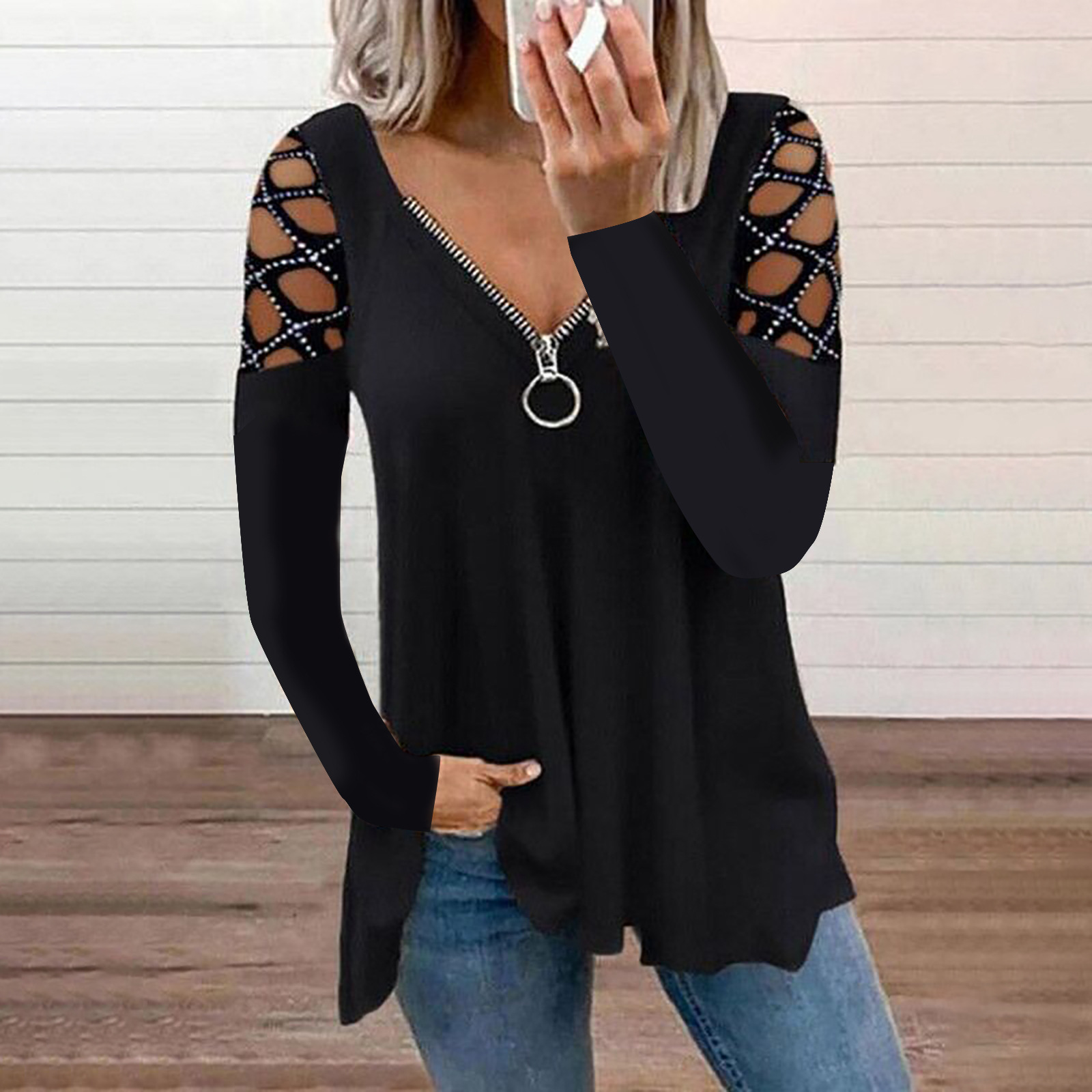 V-Neck Cutout Sleeve Rhinestone Casual Top