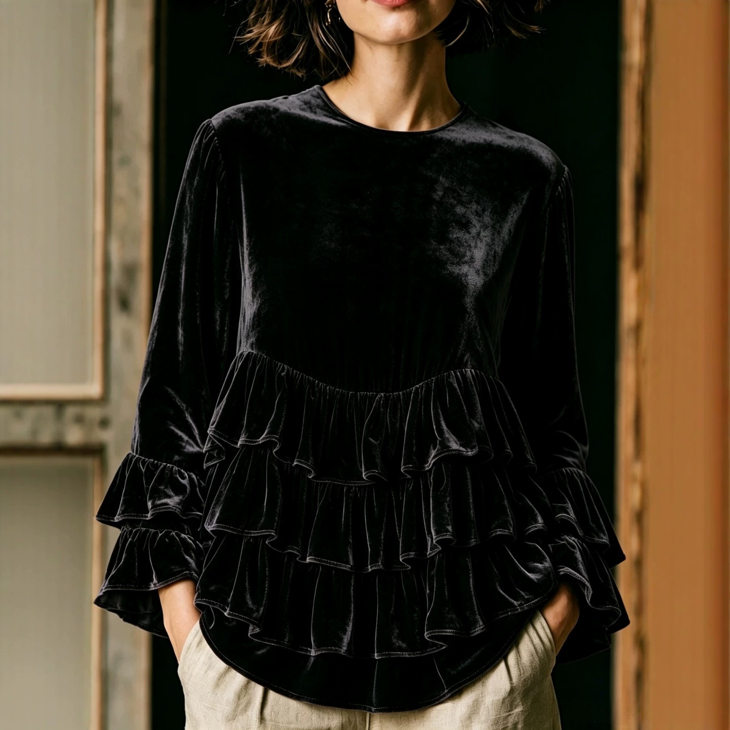 Women's Long Sleeve Ruffle Crewneck Solid Color Loose Casual T-Shirt
