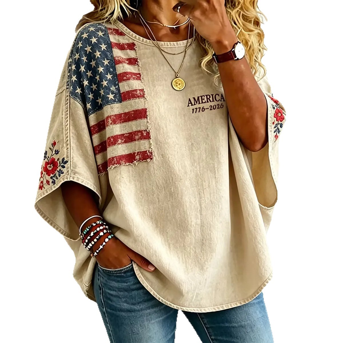 Plaid Floral Print Half-Sleeve Top