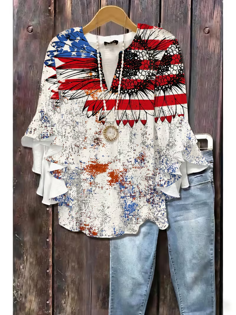 American Flag Print Rolled Sleeve Button Women's Top