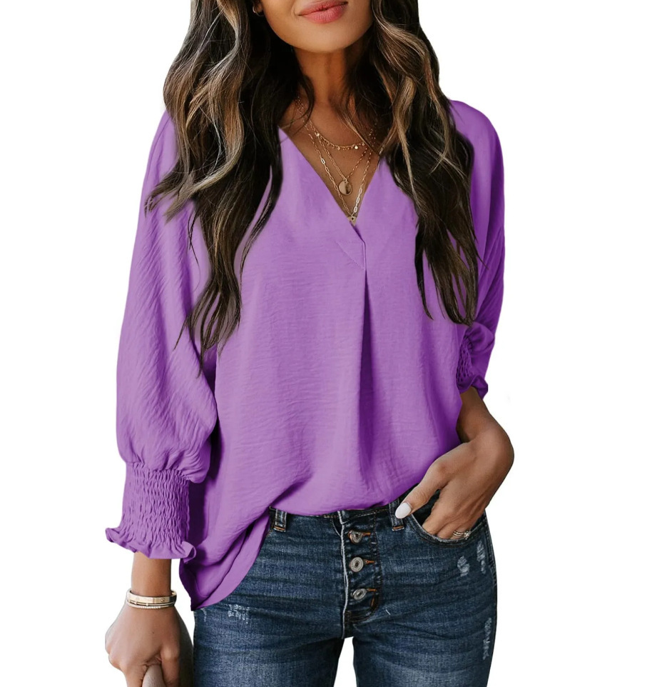 Women's V-Neck Long Sleeve Loose Blouse Top