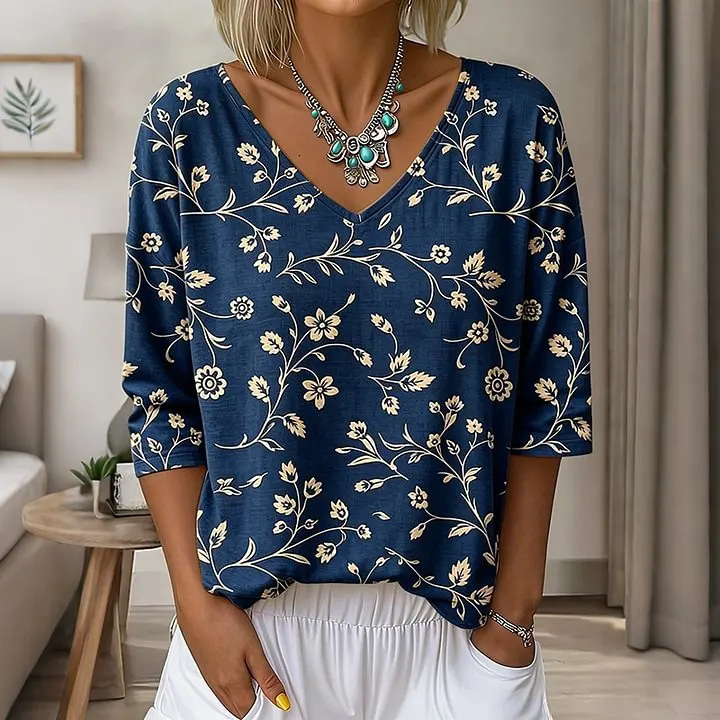 Floral Leaf Print V-Neck Half-Sleeve Women's T-Shirt