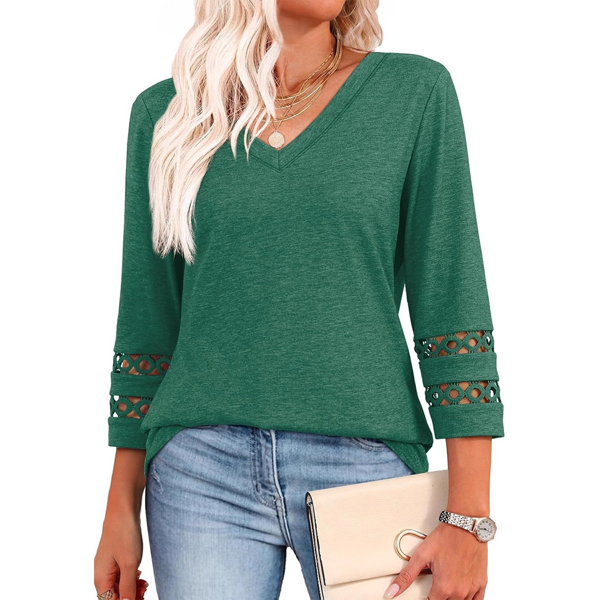 Women's Loose V-Neck 3/4 Sleeve Knit Top with Hollow-Out Detail