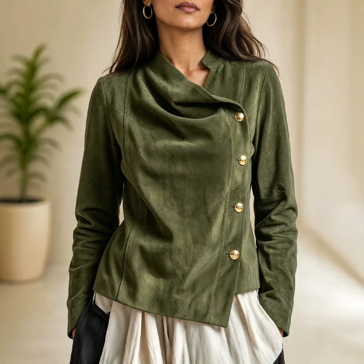 Women's Vintage Pleated Asymmetric Button Stand Collar Long Sleeve Jacket