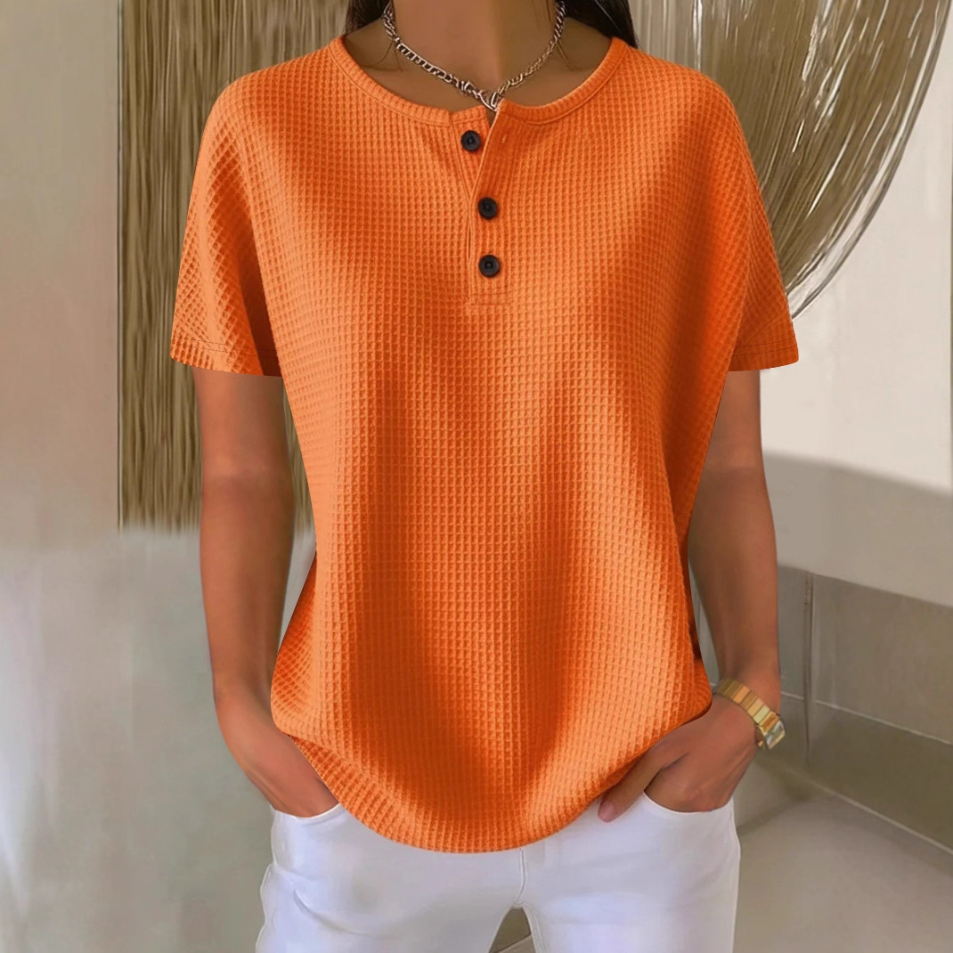 Waffle Knit Crewneck Short Sleeve Pullover Top