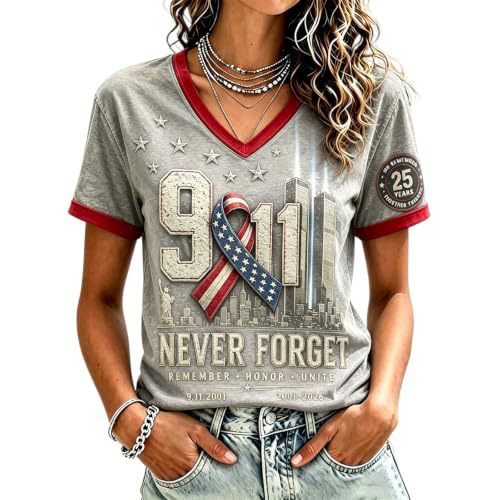 Twin Towers Anniversary Print V-Neck Short Sleeve Women's T-Shirt