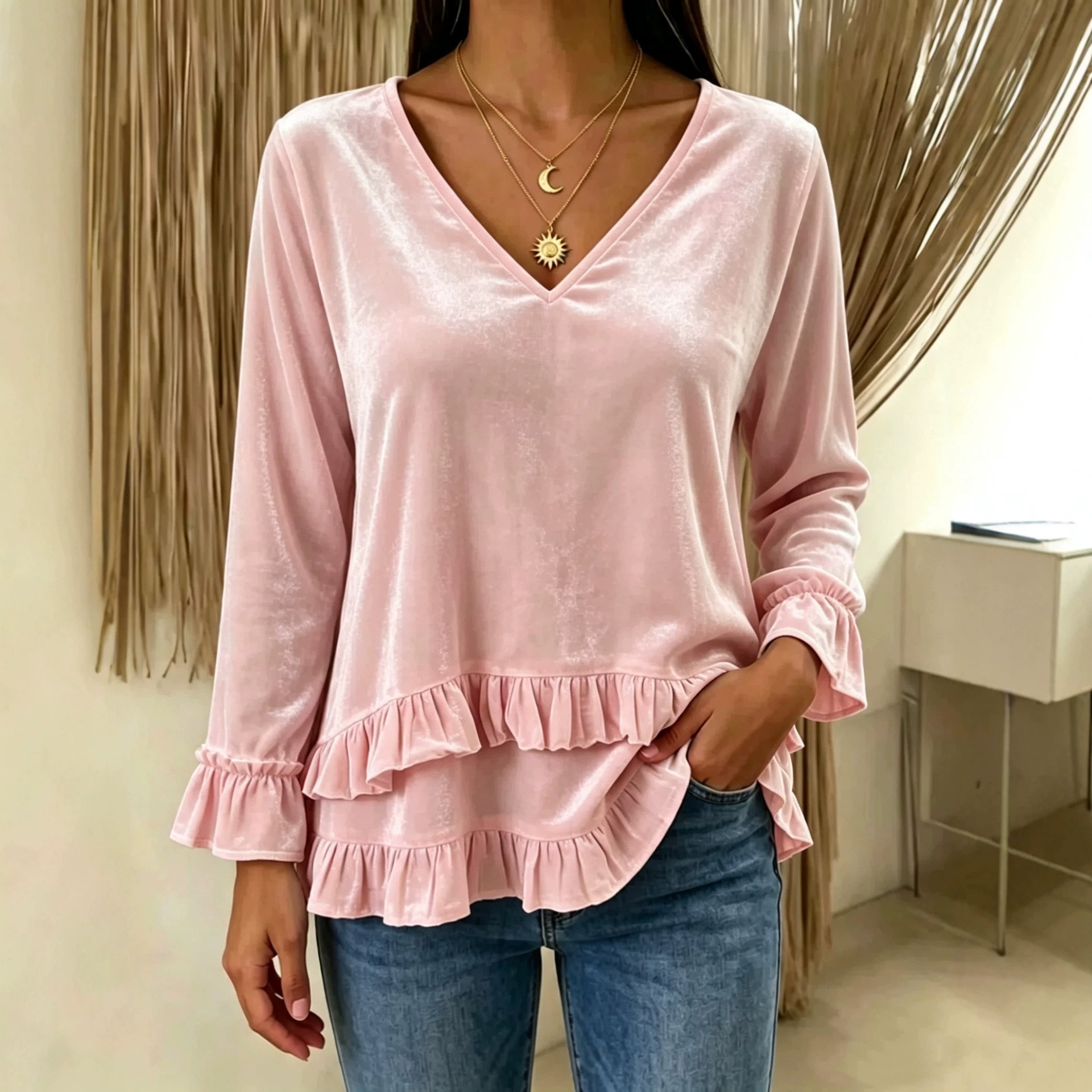 Women's V-Neck Ruffle Velvet Long-Sleeve Top