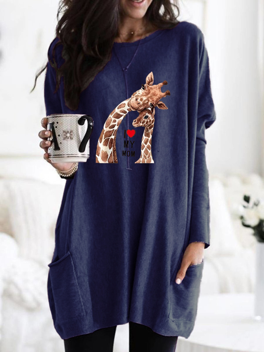 Giraffe Mother Print Long Sleeve Crewneck Loose T-Shirt