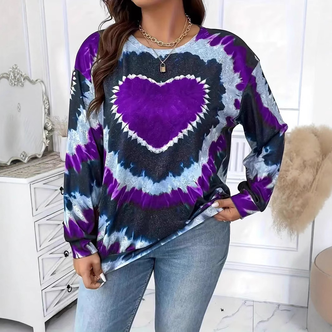 Women's Plus Size Long Sleeve 3D Heart Print Loose Casual Top