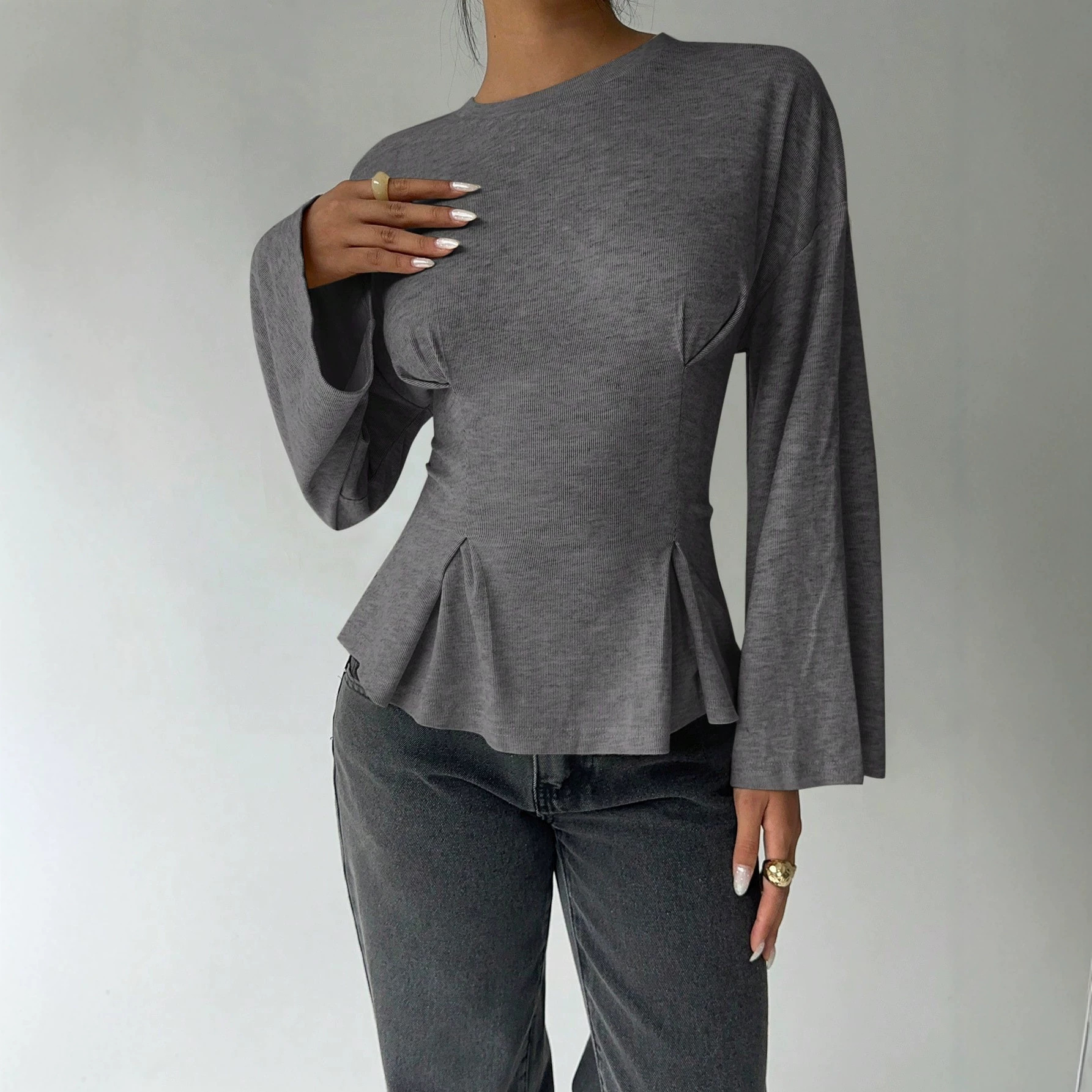 Women's Slim Fit Pleated Long Sleeve Crewneck Pullover Top