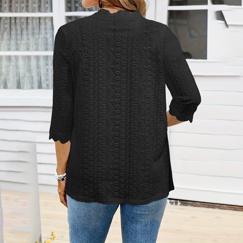 Women's Open-Front Cardigan with Hollow-Out Lace Splicing and Slim Fit Mid-Sleeve