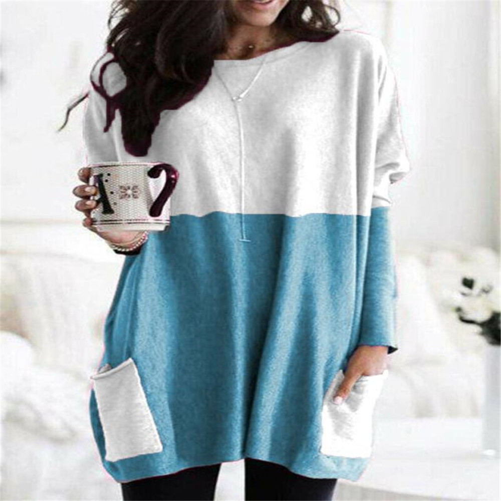 Women's Long Sleeve Pocket T-Shirt Casual Loose Fit Crew Neck Solid Color